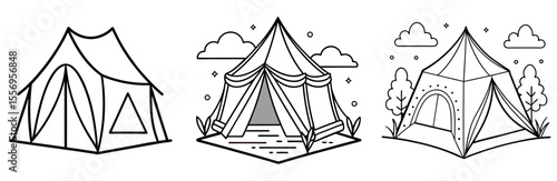 Camping Tent Vector Set: Pyramid, Dome, Outdoor, Adventure, Travel, Minimalist Line Icon