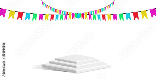 Cube block podium stage pedestal and platform with festival flag scene, vibrant geometric display composition. Ideal for event promotions, celebratory showcases, awards ceremonies and festive