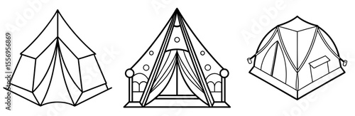 Camping Tent Vector Set: Pyramid, Dome, Outdoor, Adventure, Travel, Minimalist Line Icon