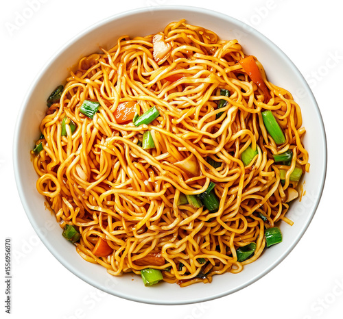 Top view chow mein bowl iisolated on white background png transparent clipart.