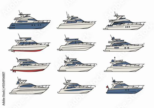Collection of various modern motor yachts and boats illustrations in a simple outline style, ideal for marine transport and travel concepts.