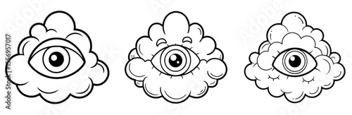 All-Seeing Eye in Cloud Vector Set: Providence, Illuminati, Mystical, Occult, Esoteric, Line Art Illustration