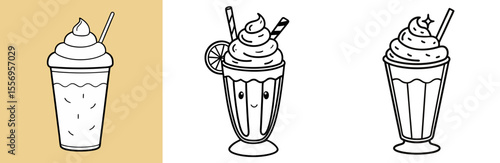 Milkshake Smoothie Frappe Vector Icon Set: Whipped Cream, Drink, Straw, Dessert, Summer, Line Art Illustration