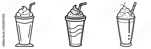 Milkshake Smoothie Frappe Vector Icon Set: Whipped Cream, Drink, Straw, Dessert, Summer, Line Art Illustration