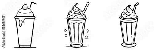 Milkshake Smoothie Frappe Vector Icon Set: Whipped Cream, Drink, Straw, Dessert, Summer, Line Art Illustration