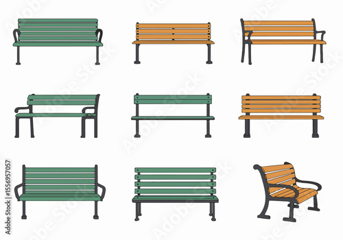 Collection of illustrated park benches in green and brown colors on a white background, showing a variety of styles and perspectives.