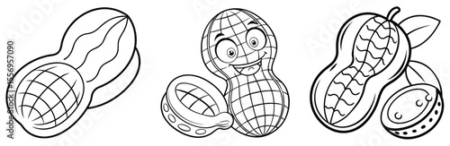 Peanut Vector Set: Groundnut, Shell, Shelled, Leaf, Nut Butter, Healthy Snack, Line Art Illustration