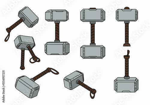 Set of vector illustrations depicting Mjolnir, Thor's legendary hammer, shown from various angles and perspectives as hand-drawn line art doodles on a white background.