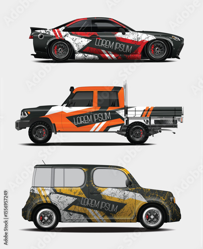 Three stylized vehicles with custom wraps and designs for branding or advertising