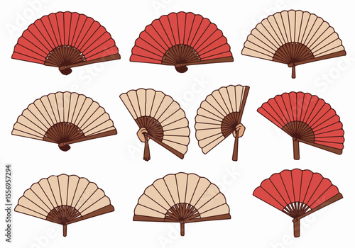 Set of illustrated red and beige Japanese folding fans in various poses and arrangements.