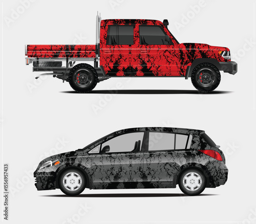 Two Cars with Abstract Patterns A Red Truck and a Black Hatchback