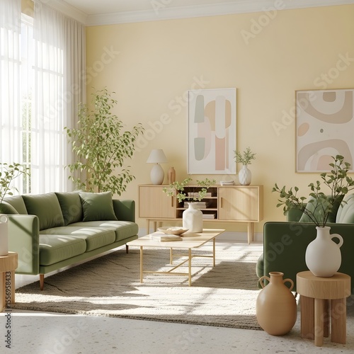 A sunlit living room wrapped in “Lemon Dust & Sage Whisper” — soft yellow-beige tones and muted sage green create a space that feels like summer air made visible