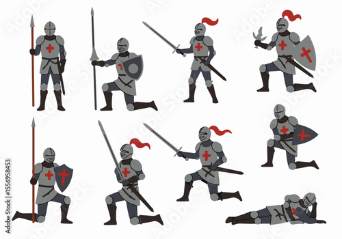 Set of Medieval Knights in Various Poses Vector Illustration