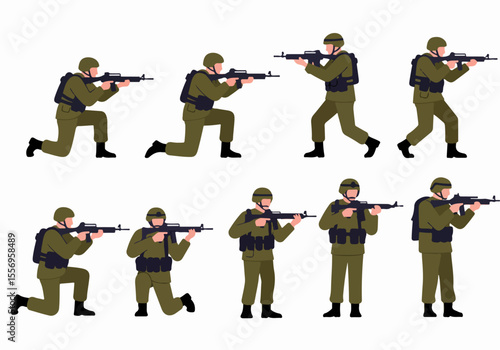 Illustrated Set of Military Soldiers in Tactical Poses with Rifles