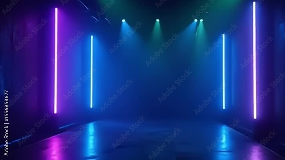 seamless loop of pulsing neon lights in vertical beam format with atmospheric stage environment

