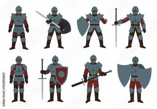 Collection of medieval knights in armor with swords, shields, and mace in various action poses, cartoon illustration set.