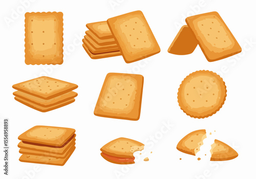 Set of various crackers and biscuits in different shapes and arrangements, including whole, stacked, broken, and sandwich crackers, isolated on white.
