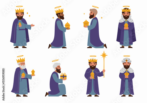 Set of cartoon illustrations of the Three Wise Men (Magi) with gifts and star, symbolizing Christmas and Epiphany
