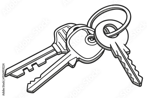 Key Ring with Modern House Keys on White Background