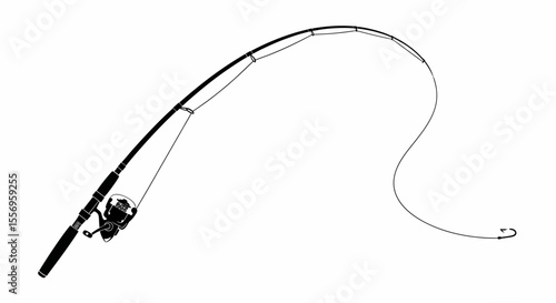 Black Silhouette Fishing Rod and Reel with Curved Line