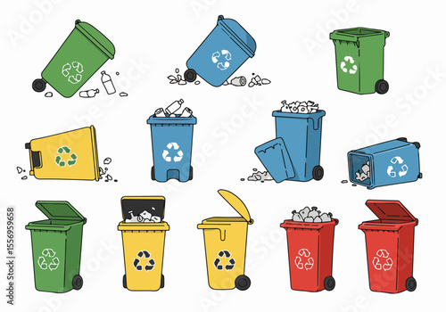 Hand-drawn vector illustration set of colorful recycling trash bins in various states, full of waste and spilling out, symbolizing environmental issues and waste management.