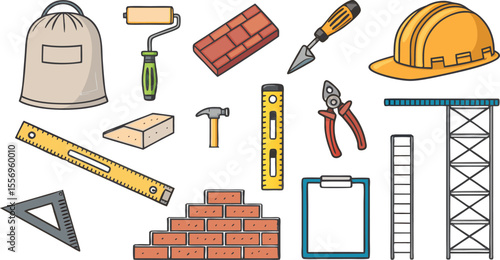 construction tools icon set Colorful Icon Set of Construction Tools and Materials Used in Modern Architecture on White Background.
