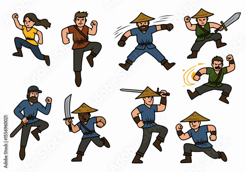 Cartoon characters in action poses including fighters, adventurers, and martial artists with swords, jumping and running, isolated on white background.