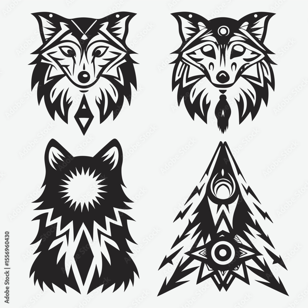 Set of Black and White Cat and Owl Silhouette Illustrations Set of Black and White Cat and Owl Silhouette Illustrations