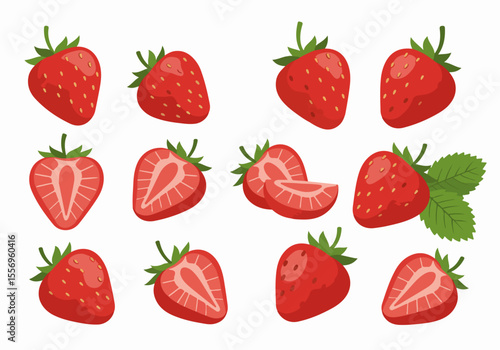 Vector set of fresh red strawberry illustrations, including whole, halved, and sliced berries with green leaves on a white background, perfect for food, health, and ingredient themes.
