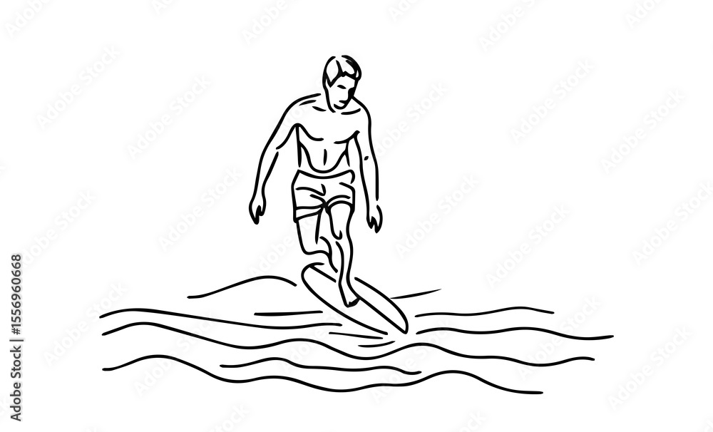 Fototapeta premium Man surfing, black and white illustration