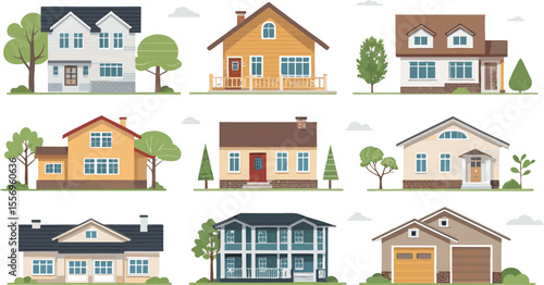 Colorful flat Icon Set of Residential Building Types and Structures on White Background.