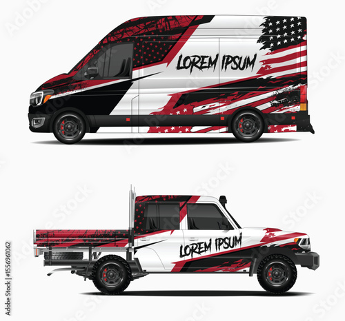Van and Truck Mockup with American Flag Themed Graphics and Grunge Effects
