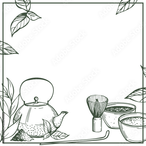 Hand-drawn matcha tea set.  Vector background.  Sketch illustration