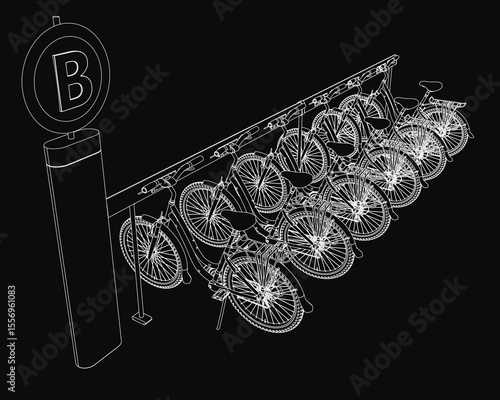 A row of bicycles parked neatly side by side on a sleek black background, with a pole on the left featuring a board marked with the letter 'B'. The clean composition highlights urban bike parking.