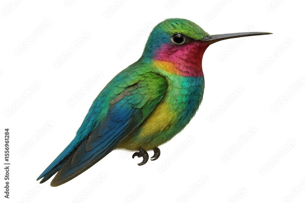 Fototapeta premium Hummingbird with iridescent colorful feathers resting on transparent background, showing vibrant plumage