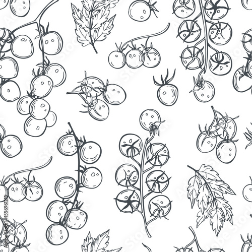 Hand-drawn cherry tomatoes on a branch.  Vector seamless pattern.  