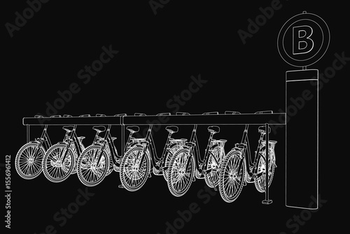 A row of bicycles parked neatly side by side on a sleek black background, with a vertical pole on the right featuring a bold letter 'B'. The clean composition highlights urban bike parking
