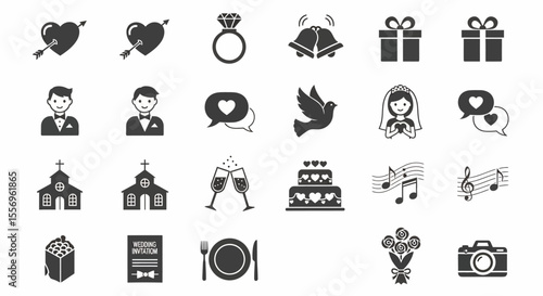 Collection of Wedding Icons: Hearts, Rings, Bells, Gifts, Bride, Groom, Church, Cake.