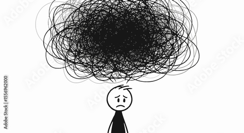 Sad Stick Figure Overwhelmed by a Large, Tangled Mass of Black and Gray Scribbles