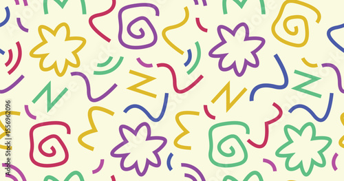 Colorful hand-drawn squiggle and doodle seamless pattern on light background. Playful abstract design perfect for wrapping paper, fabric, stationery, and creative kids projects.