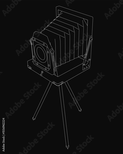 An old black and white camera mounted on a tripod, set against a sleek black background, exuding a classic and timeless aesthetic. The vintage design features intricate details, perfect for.