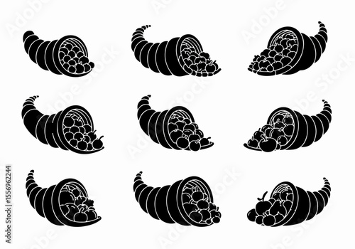 Set of black cornucopia icons filled with fruit