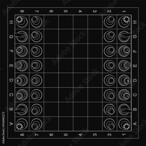 A chessboard with arranged chess pieces viewed from above, featuring white grid lines on a black background. The vector illustration includes a clean, minimalist design with clearly defined squares.
