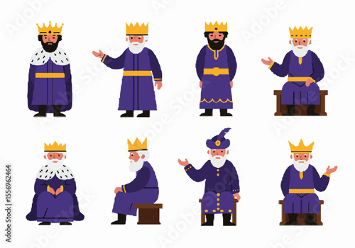 Flat Design Set of Various Cartoon Kings in Purple Robes and Gold Crowns Posing and Sitting