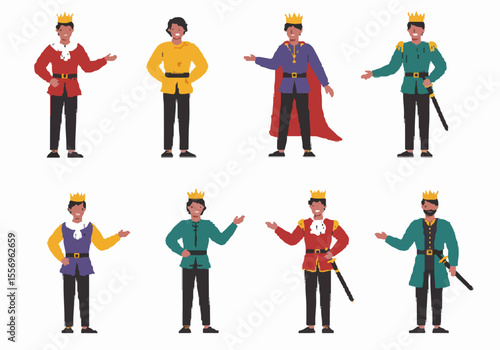 Set of illustrated young princes or kings in various colorful costumes, crowns, and poses against a white background, diverse cartoon male royal characters.