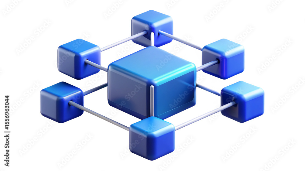 Obraz premium 3D Cube with Connected Blue Cubes Illustration Network of Blue Cubes and Central 3D Structure