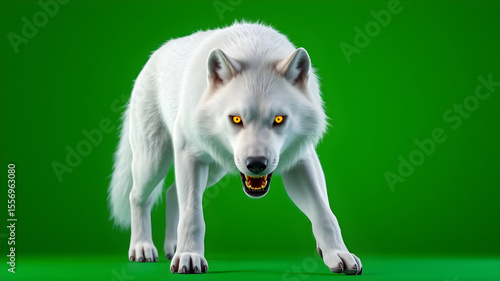 A menacing white wolf in a threatening front-facing pose with intense eyes and open mouth.