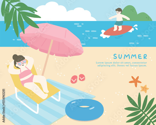 Hand drawn summer template background on the ocean with people sunbathing and surfing.