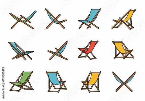Set of Colorful Illustrated Beach Chairs in Various Positions
