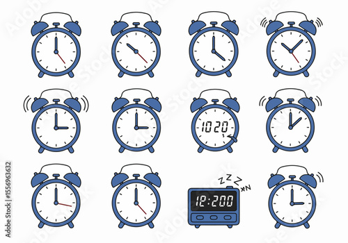 Cartoon illustrations of alarm clocks in various states, including analog and digital types, showing different times and ringing or sleeping indicators.